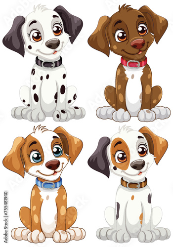 Four cute vector puppies with playful expressions.
