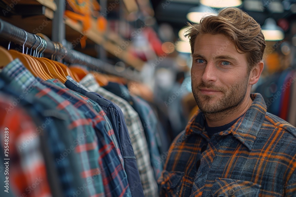 Fototapeta premium Stylish young businessman exudes confidence while buying fashionable clothes in a retail store.