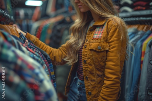 A fashionable young woman in a store chooses new fashionable clothes for herself.