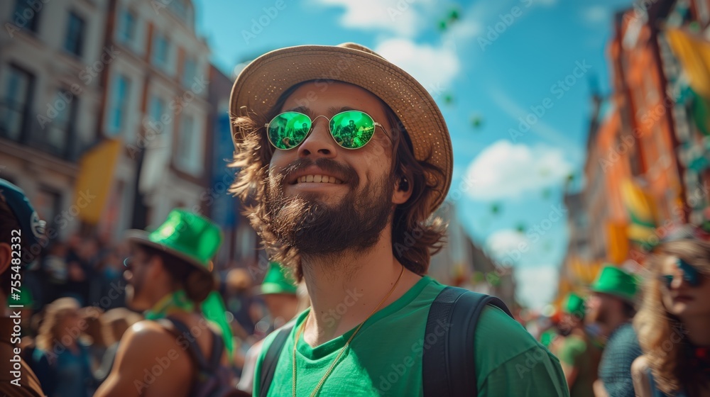Happy Man in Green Celebrating St. Patrick's Day. Young man with beard and green hat enjoying St. Patrick's Day festivities. Happy Man in Green Celebrating St. Patrick's Day. Young man with beard and green hat enjoying St. Patrick's Day festivities.