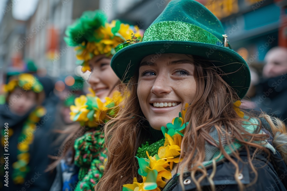 Smiling Woman with Floral Decor on St. Patrick's Day. Radiant young woman adorned with yellow flowers and green hat, celebrating St. Patrick's Day.