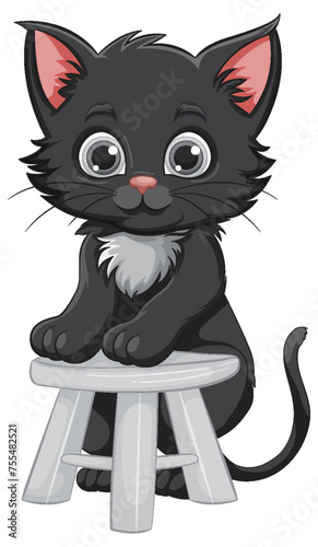 Cute black kitten sitting on a white stool.