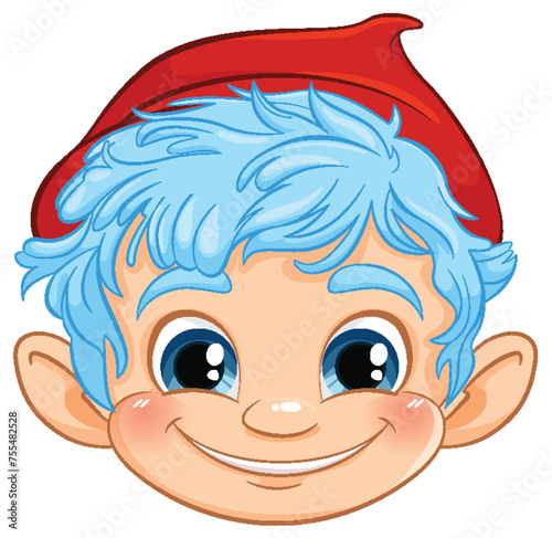 Cartoon illustration of a smiling elf with blue hair.