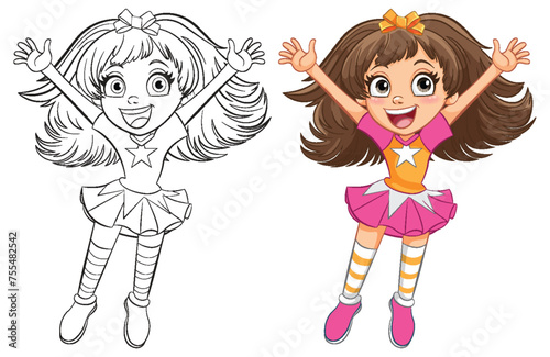 Colorful and black-and-white illustrations of a joyful girl