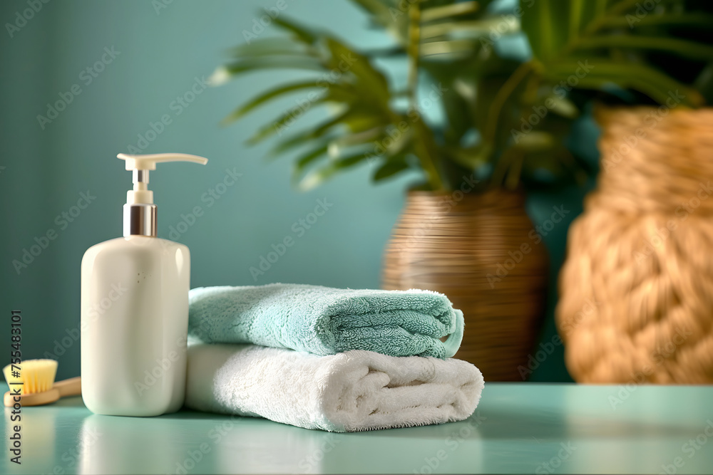 An illustration of a shampoo bottle next to towels in the bathroom. bathroom accessories. bottle of care product without insert label An illustration of a shampoo bottle next to towels in the bathroom. bathroom accessories. bottle of care product without insert label