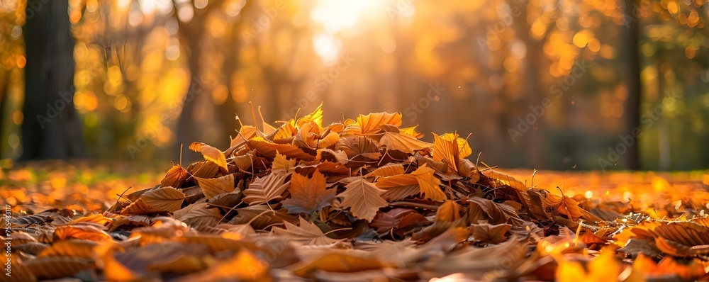 Piles of fallen leaves raked in an autumn park. Concept Autumn Leaves, Fall Foliage, Park Photography, Nature Scene