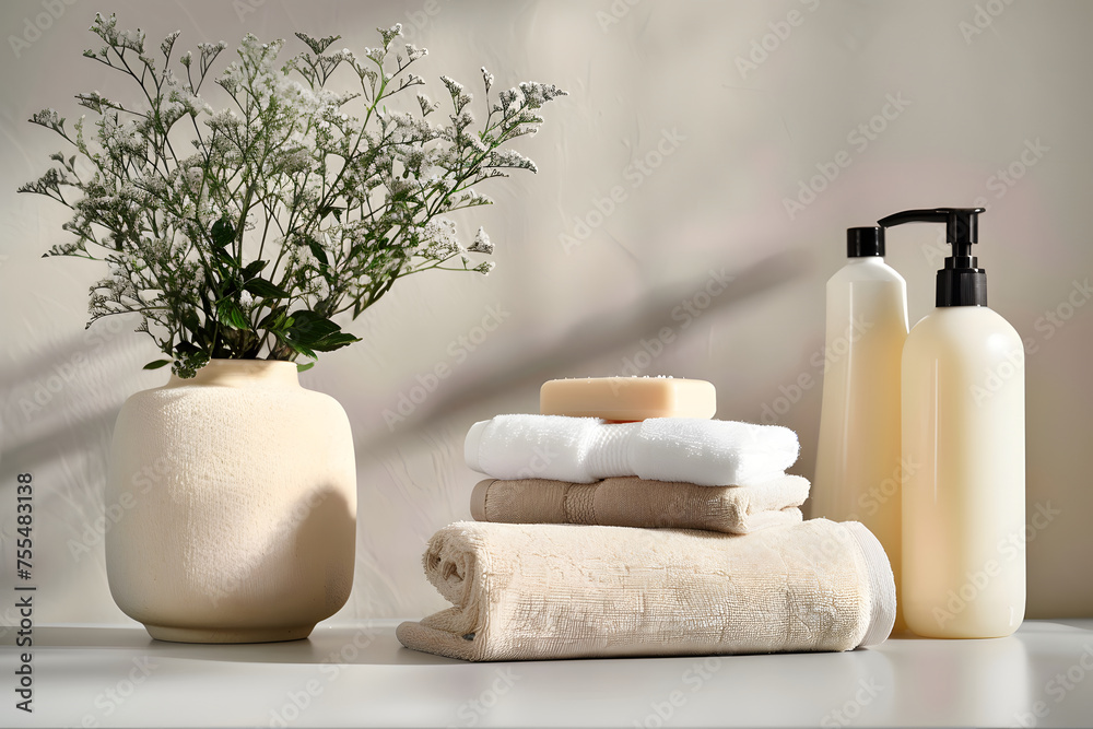 An illustration of a shampoo bottle next to towels in the bathroom. bathroom accessories. bottle of care product without insert label