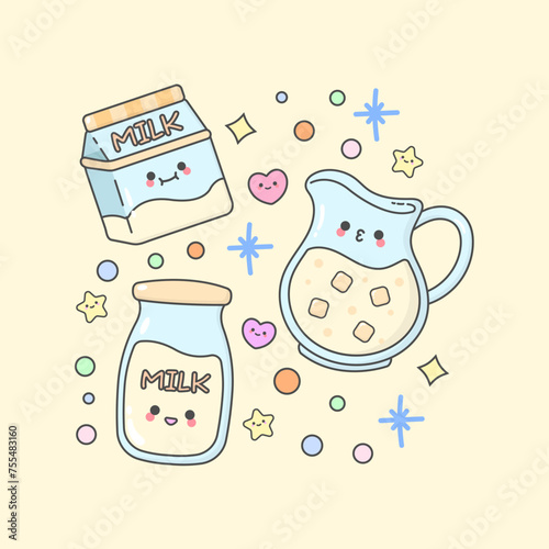 drink beverages milk bottle jug box with cute facial expressions and pastel colour