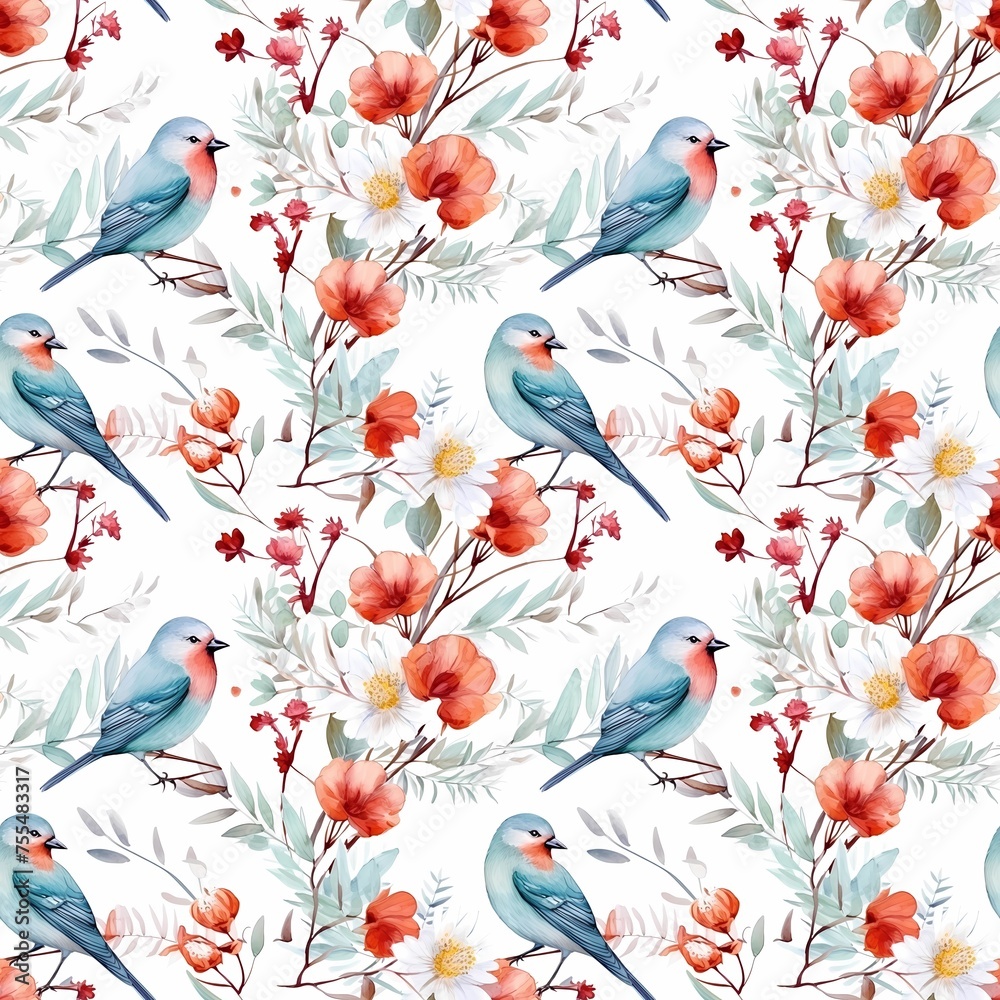 Seamless pattern in boho style watercolor exotic birds on flowering tree branches