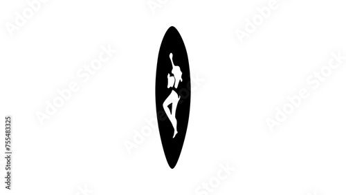 Surfing emblem, surfer woman on board, top view, black isolated silhouette