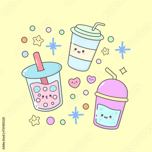 drink beverages strawberry coffee with cute facial expressions and pastel colour