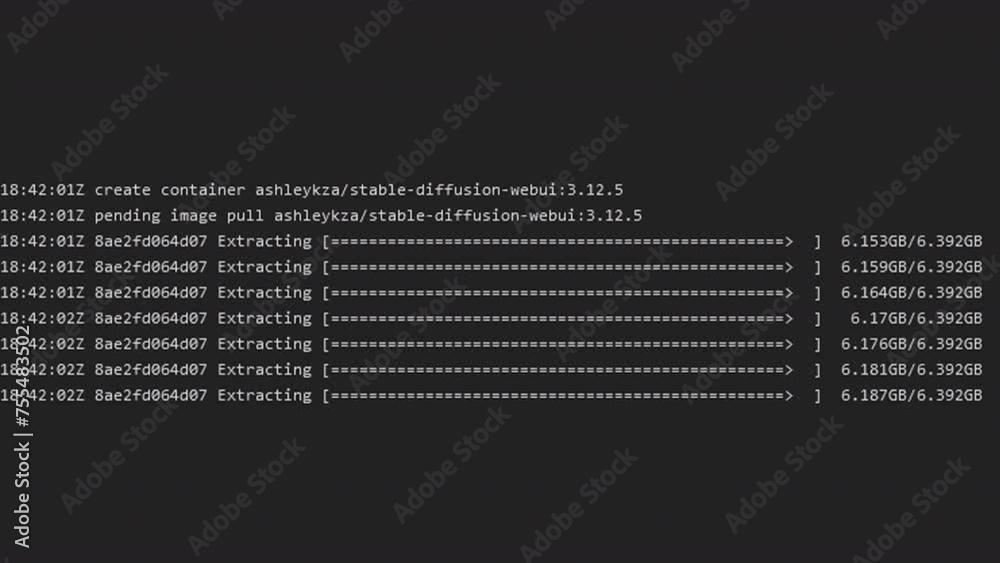 Screen capture: the creation of a pod for generating artificial images on the cloud. Rows of progress indicators and download bars log the intricate process. Witness innovation in action!