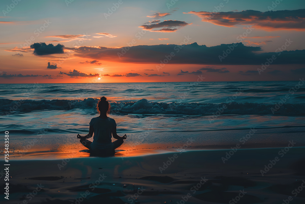 a girl meditates in the lotus position against the backdrop of the sea and sunset, A woman does yoga on the beach against the backdrop of sunse