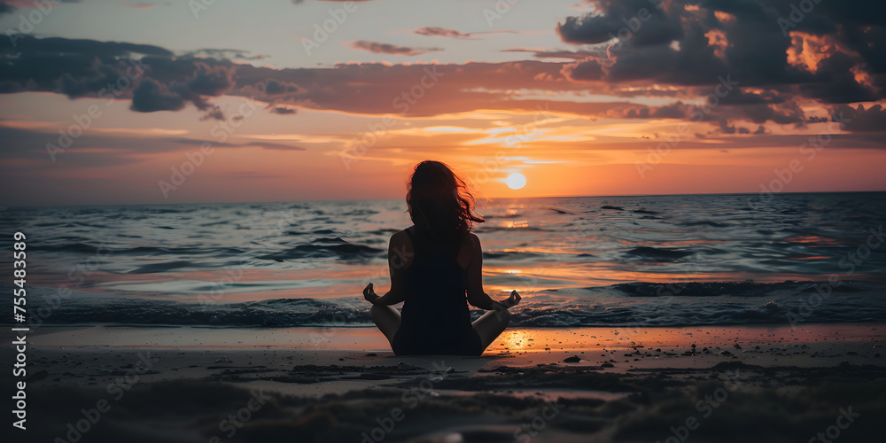 a girl meditates in the lotus position against the backdrop of the sea and sunset, A woman does yoga on the beach against the backdrop of sunse