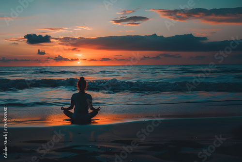 a girl meditates in the lotus position against the backdrop of the sea and sunset, A woman does yoga on the beach against the backdrop of sunse © Svitlana Sylenko