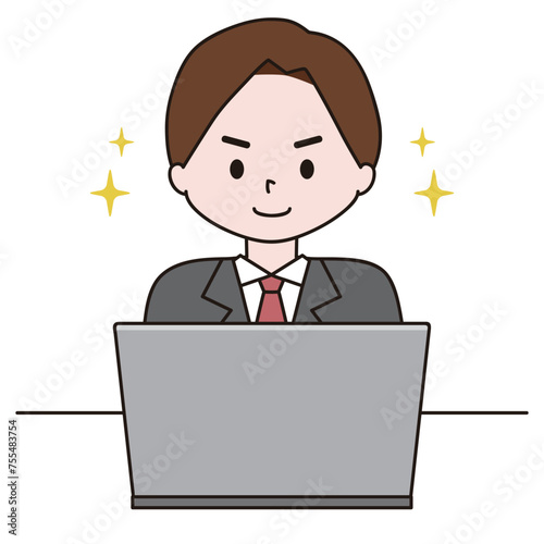 調子よくPC作業をこなす男性のイラスト