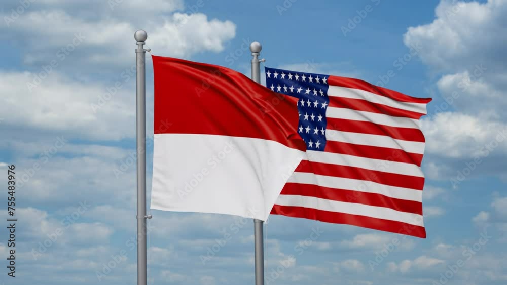 USA and Indonesia two flags waving together, looped video, two country cooperation concept USA and Indonesia two flags waving together, looped video, two country cooperation concept