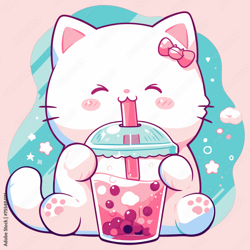 Fototapeta premium Cat drinks Boba Bubble Tea Cute Kawaii 
