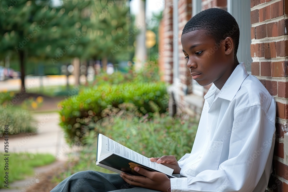 A student boy is reading a book outdoors.