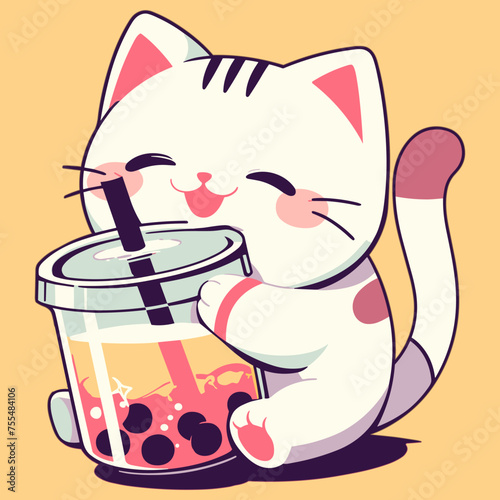 Cat drinks Boba Bubble Tea Cute Kawaii	
