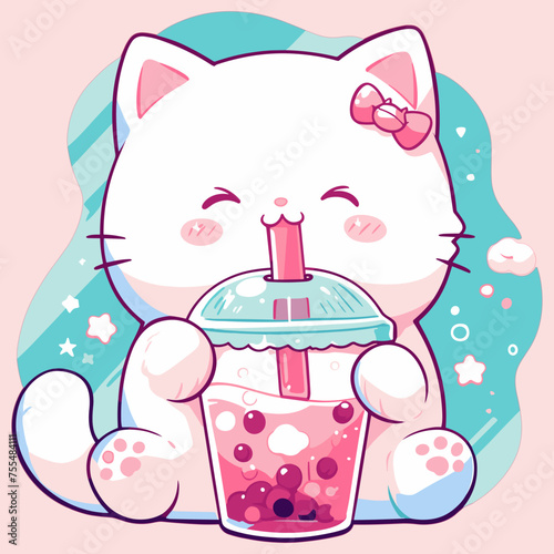 Cat drinks Boba Bubble Tea Cute Kawaii	

