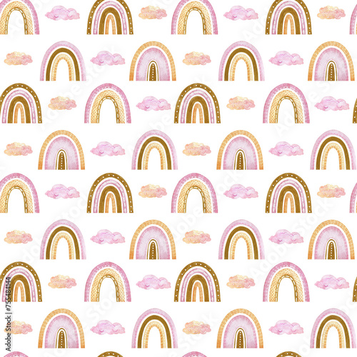 Watercolor seamless pattern with rainbows and clouds.