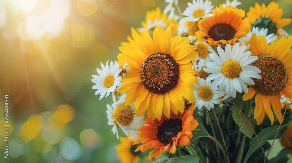 Close-up of a sunflower and white daisies. Summer wildflowers. Copy space. Close-up of a sunflower and white daisies. Summer wildflowers. Copy space.