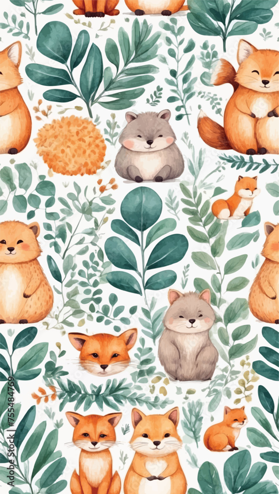Obraz premium Beautiful seamless vector floral pattern with animals and tropical leaves flowers, spring summer background, palm leaves, jungle leaf, Wild animals, bird, Exotic wallpaper, Hawaiian, watercolour style