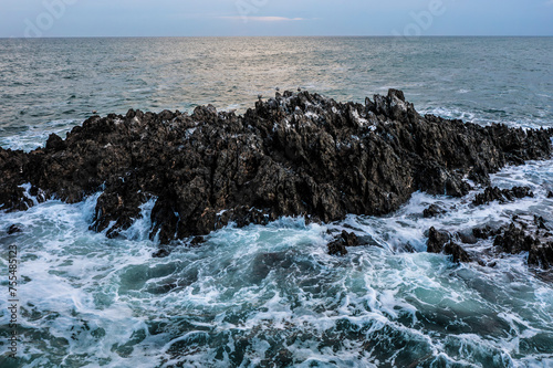 Von der Brandung umspülter Felsen im Atlantischen Ozean auf dem sich Vögel niedergelassen haben