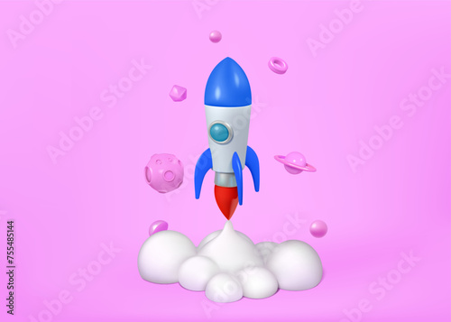 3d rocket. Space start elements, cute planets, spaceship launch in realistic fire cloud, creative technology isolated render object. Startup business idea, adventure shuttle. Vector design icon