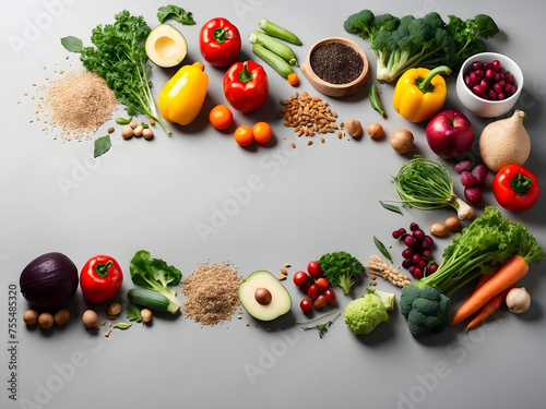 Wide flat lay photograph of vegetarian day banner design with different types of vegetables fruits and grains on a table wide empty side for mockup text editing in light grey background design.
