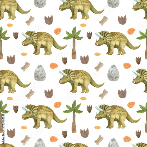 Fototapeta Naklejka Na Ścianę i Meble -  Dinosaur pattern, diplodocus, triceratops, dinosaur egg, footprints and stones, seamless watercolor drawing for children, for printing on fabric or paper