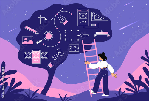 Business mind. Digital marketing technology. Data communication and innovation in web presentation. Content create. Woman at ladder. Web designer. Creative businessman. Vector concept