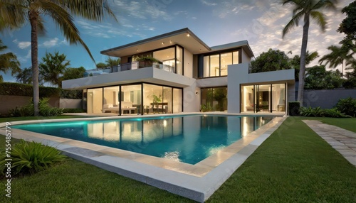 Large residential modern house with swimming pool somewhere in Florida. Courtyard view with swimming pool, green grass, step tiles, two storey house, glass windows and doors, above ground pool © blackdiamond67