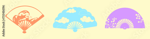Paper fan. traditional Japanese or Chinese women geisha elegance attribute. Oriental souvenir, colorful isolated elements with pattern, ocean and clouds. Fashion accessory. Vector illustration