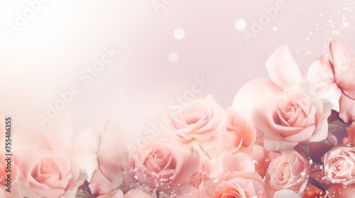 Rose flowers double exposure, pastel tones greeting card template with copy space