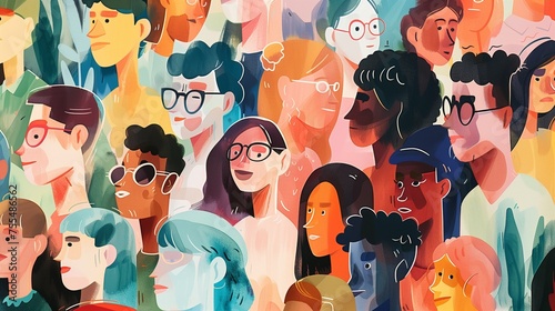 Colorful, abstract illustration of a diverse group of stylized people, representing various cultures, ages, and backgrounds in a vibrant community setting. photo