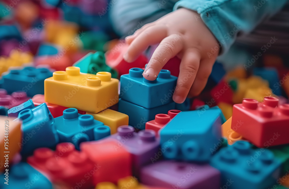 Child's hand playing with colorful interlocking plastic bricks on a table. Child's hand playing with colorful interlocking plastic bricks on a table.