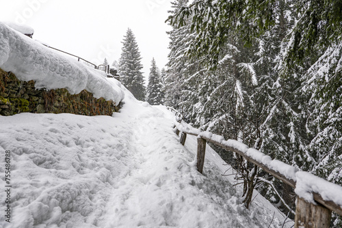 Trail in the alps during a snowfall