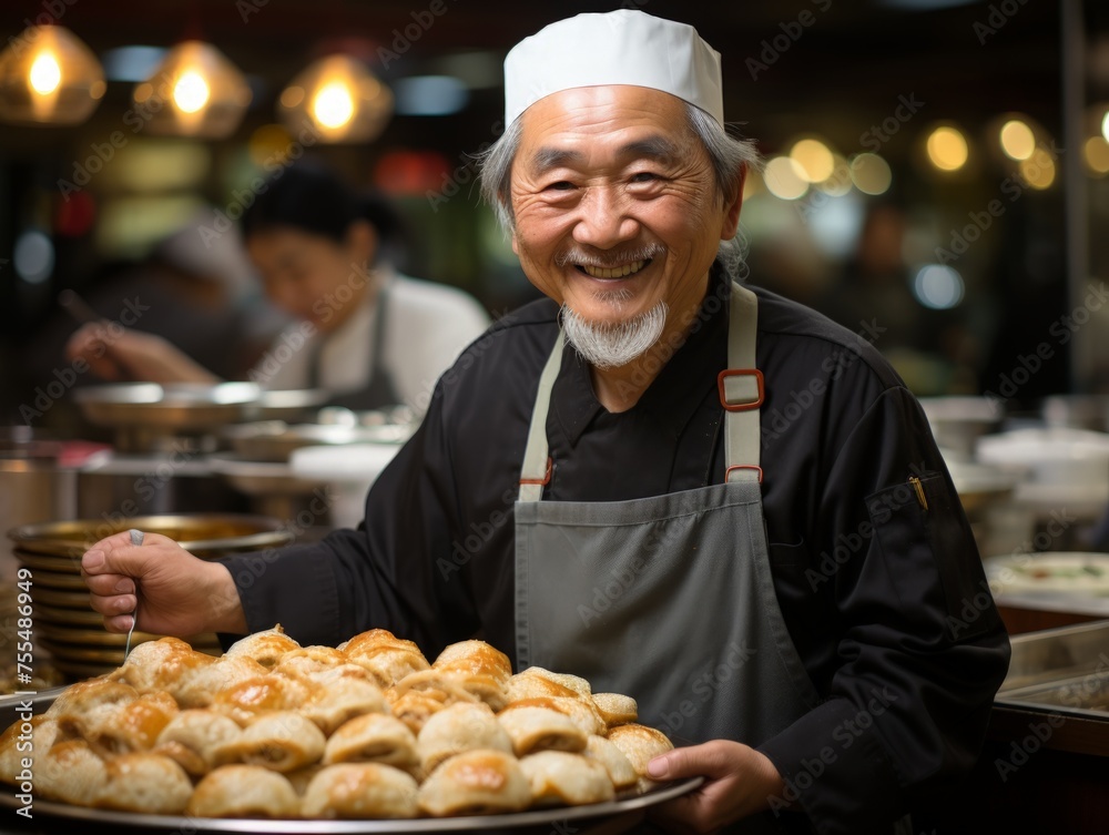 asian chinese elderly cook holding a tray in a restaurant with a dough dish. concept asia, cook, restaurants, cooking, food