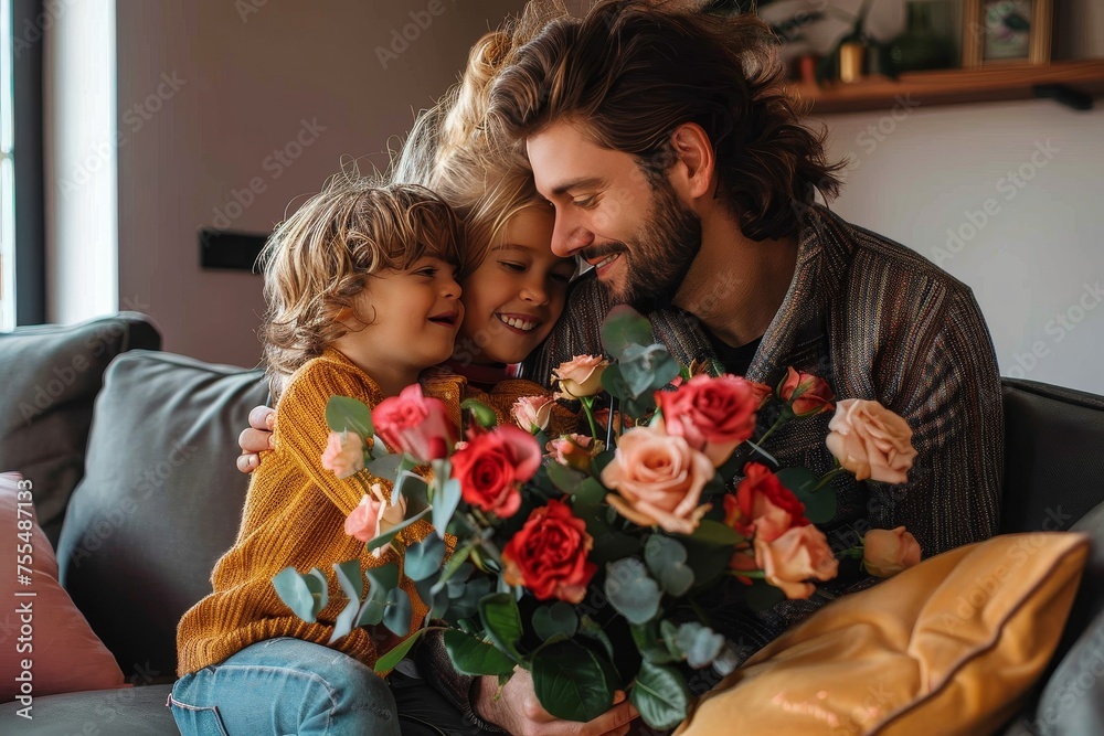 Happy father and child present a bouquet of roses to smiling mother at home Happy father and child present a bouquet of roses to smiling mother at home