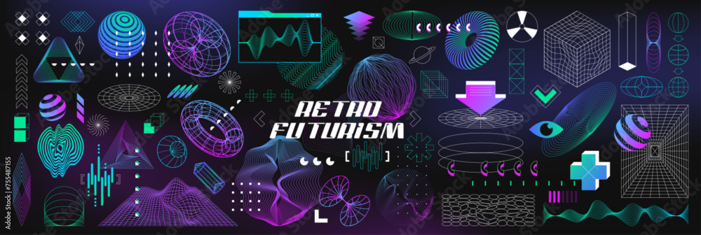 Obraz premium Geometry wireframe 3d mesh shapes, wavy lines and grids. Retro futuristic graphic design elements with neon purple gradient in vaporwave style. Retro y2k abstract forms, spheres and perspective tunnel