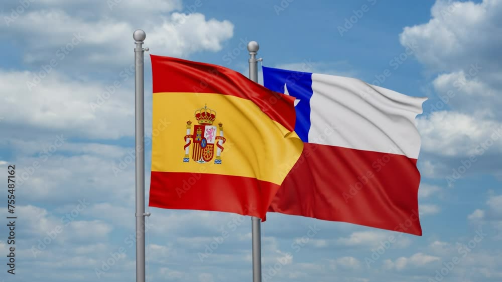 Chile and Spain two flags waving together, looped video, two country relations concept Chile and Spain two flags waving together, looped video, two country relations concept