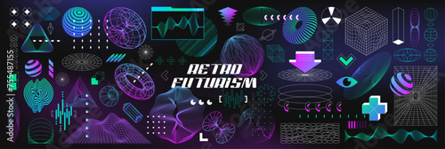 Geometry wireframe 3d mesh shapes, wavy lines and grids. Retro futuristic graphic design elements with neon purple gradient in vaporwave style. Retro y2k abstract forms, spheres and perspective tunnel