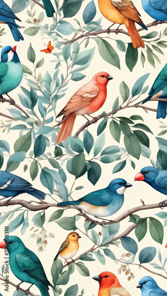 Naklejka premium Tropical leaves, flowers frangipani, birds of paradise, palm trees and flowers bird, parrot abstract and watercolor colors seamless realistic vector image,