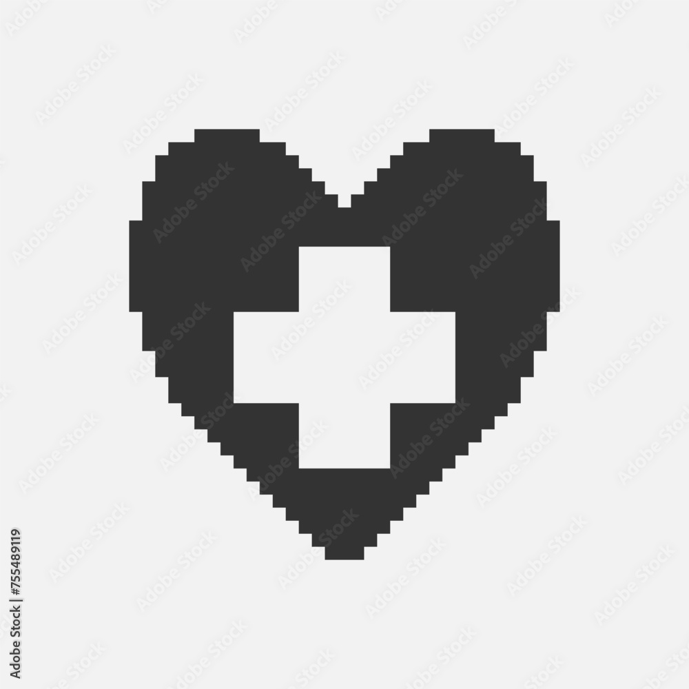 Obraz premium black and white simple flat 1bit pixel art abstract medical cross inside heart icon