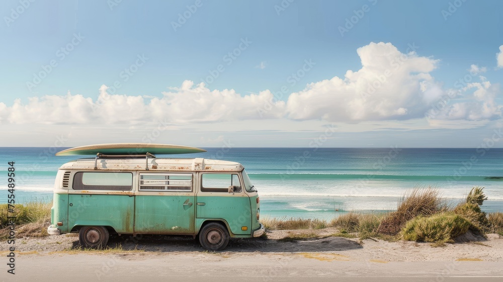 A vintage van by the beach, surfboard atop