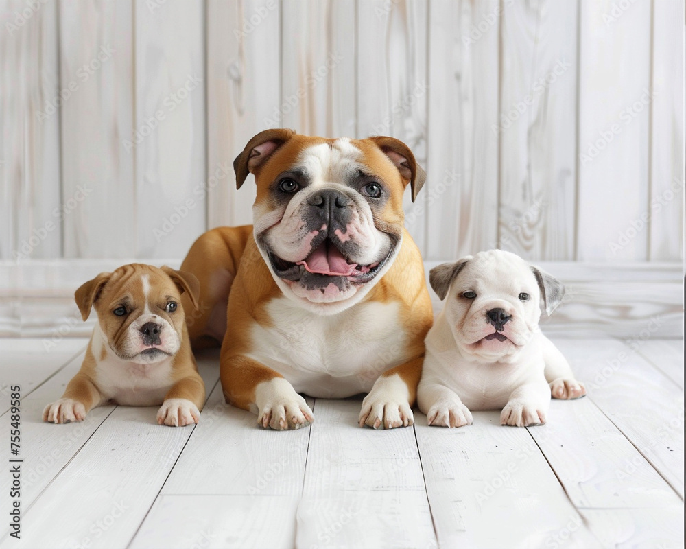 Obraz premium Portrait of a female English bulldog with puppies lying on a white wooden floor. Close-up portrait