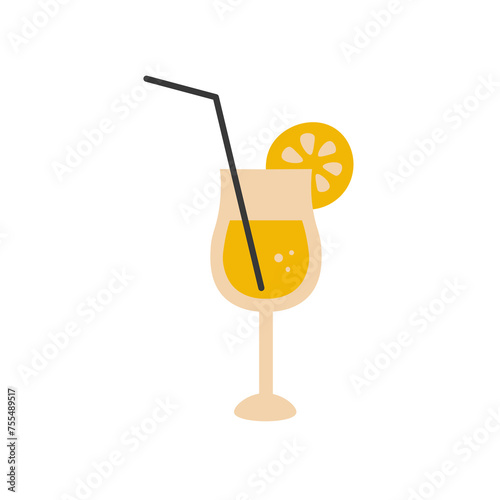 Cocktail in glass with straw and fruit slice vector illustration. Orange juice minimal art. Lemonade isolated on white background. Drink and beverage design element for restaurant bar pub menu
