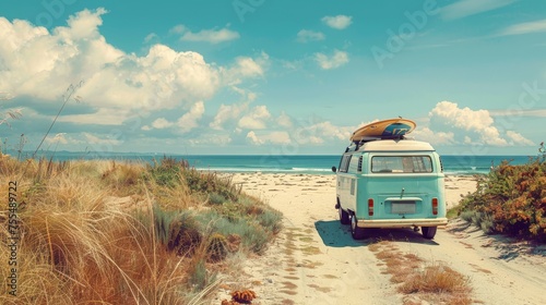 A vintage van by the beach, surfboard atop photo